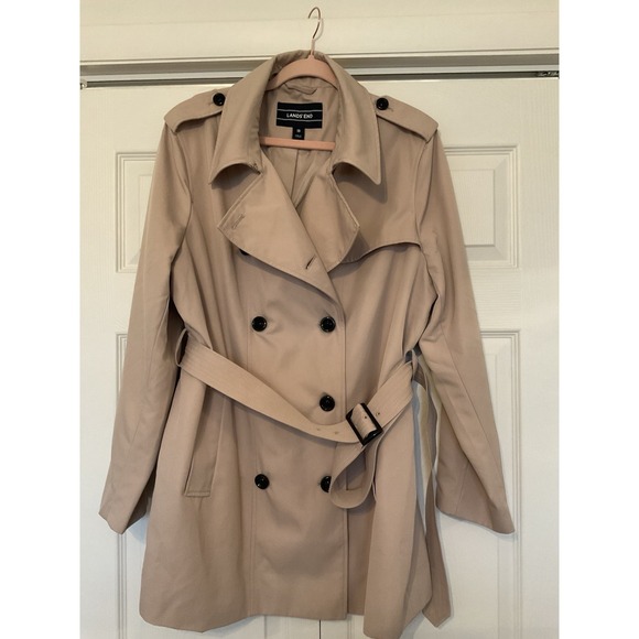 Lands' End Tan Rain Trench Coat Short Double Breasted Belted - Women's Size 18 - Picture 7 of 16
